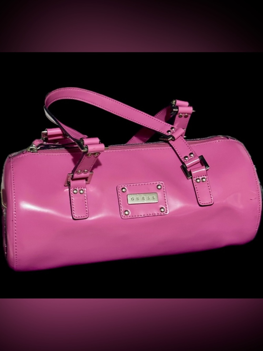 GUESS Vintage Y2K Hot Pink Patent barrl bag with Metal Plaque. Clueless.